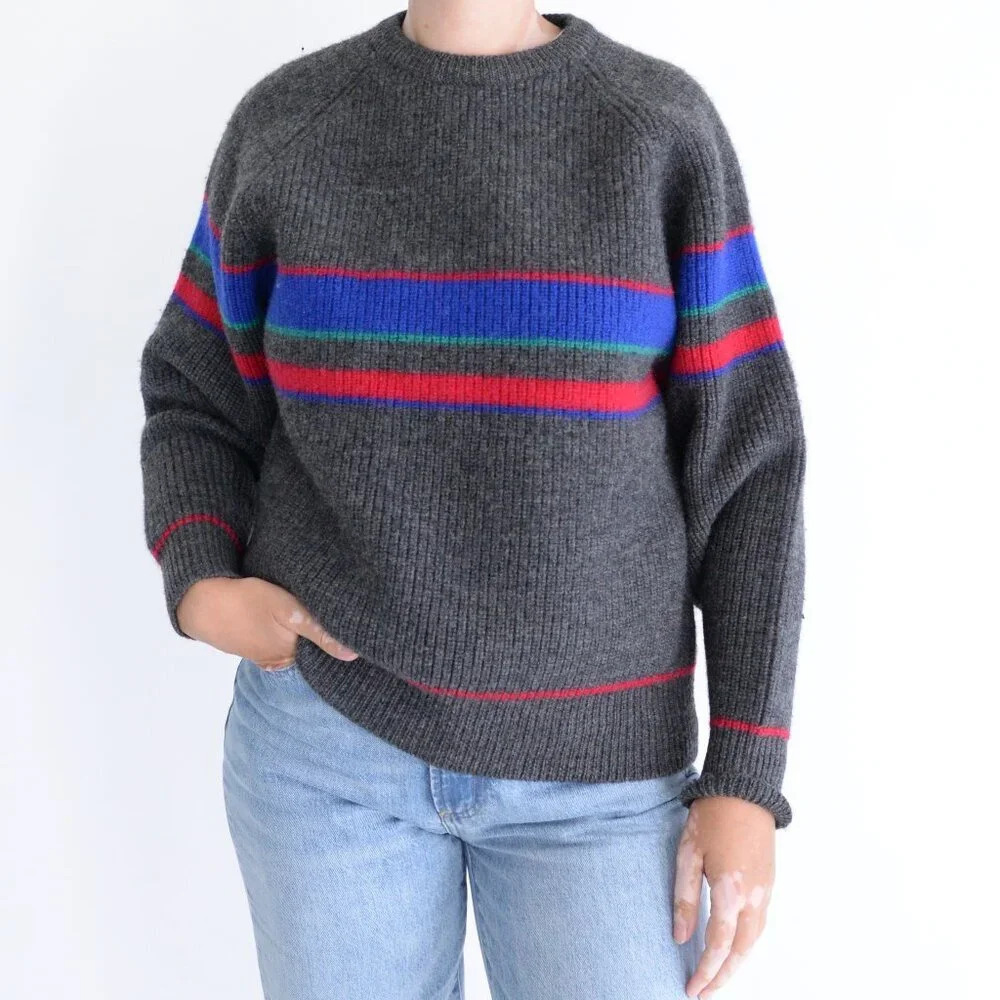 Vintage Gant The Rugger Grey w Blue Red Striped 100% Wool Crewneck Sweater L